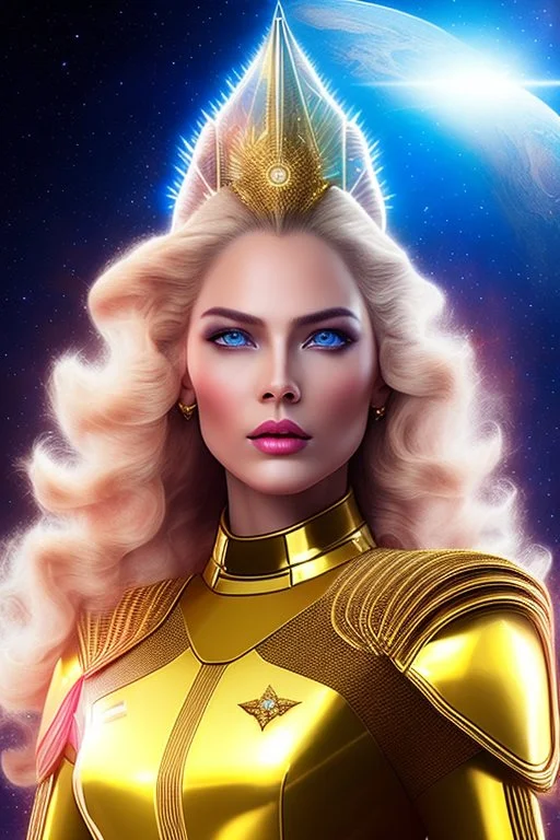 Beautiful tall woman Pleiadian galactic commander, ship, perfect detailed face, detailed golden galactic suit, high rank, long blond hair, hand with five perfect detailed fingers, amazing big blue eyes, smiling mouth, high definition lips, cosmic happiness, bright colours, blue, pink, gold, jewels, realistic, real photo, bright and sunny background, very detailed, high contrast, high definition 8k, pixel 512X512, unreal engine 5, extremely sharp details, light effect, br