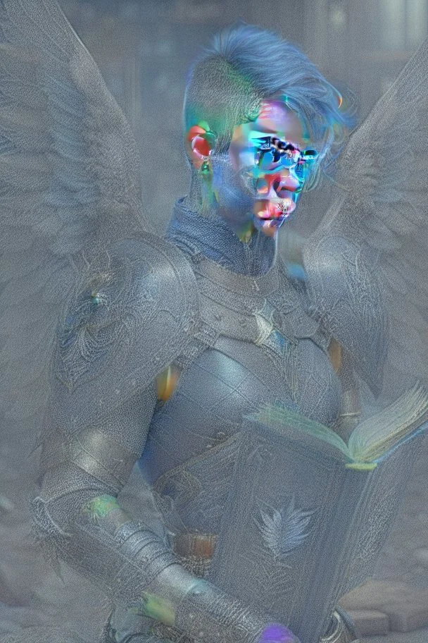 a person in runic armor with blue wings, blue short hair, runic tattoo and spell book