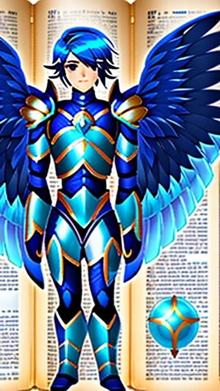 a human male with blue short hair and blue wings in assymetrical armor with geometric patterns and a book in hand