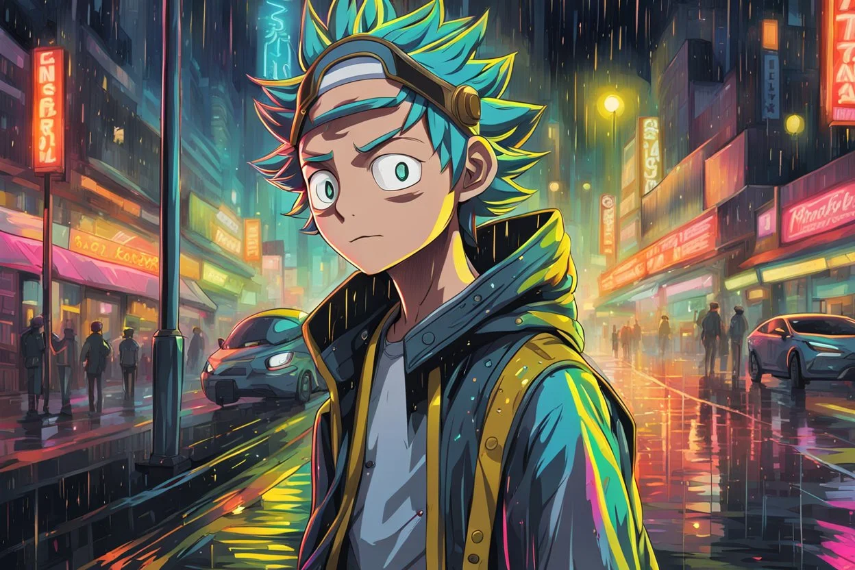 Morty in anime drawing style, close picture, rain, neon, intricate details, highly detailed, high details, detailed portrait, masterpiece,ultra detailed, ultra quality