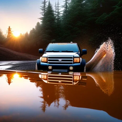 hyperrealistic shot, muddy aggressive military toy truck, monotone color palette, sharp focus, puddle reflection, tire water splash, refraction, mist on the horizon, sunset, rocks background, detailed and intricate, cinematic composition, micro, tilt shift photography