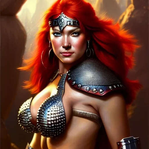 ultra detailed portrait of beautiful Red Sonja ,wearing plate armor, extremely detailed digital painting, in the style of Earl Norem and fenghua zhong and ruan jia and jeremy lipking and peter mohrbacher, mystical colors, rim light, beautiful lighting, 8 k, stunning scene, raytracing, octane, trending on artstation