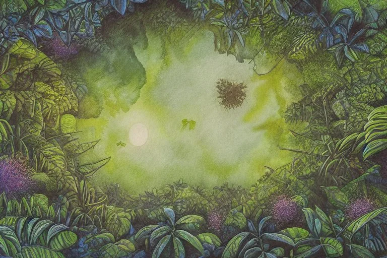 Rainforest, top view, flora and fauna in the light from a full moon, rocks, water, amazing night sky, glowing flowers, vines, large stars, island, ruin, fog, dawn, reflection, Jacek Yerka, Dominic Davison in sunshine smooth intricate high definition pencil sketch watercolor polished