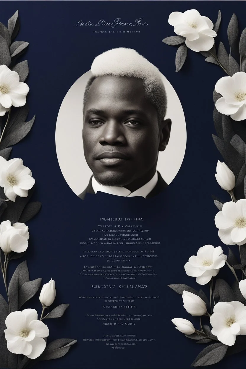 An extremely formal, funeral program for a black man on darkest blue deeply pigmented velvet paper with brilliant, brightest heavy white fonts, simple, minimalistic, less element, very dramatic lighting, detailed, white flowers,