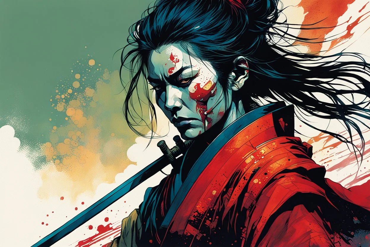 create an imaginative print illustration of an ethereal, otherworldly gaunt and withered ancient female ronin samurai vampire , in the comic book art style of Bill Sienkiewicz, Mike Mignola, and Jean Giraud Moebius, with highly detailed feminine facial features, styled after Sekiro