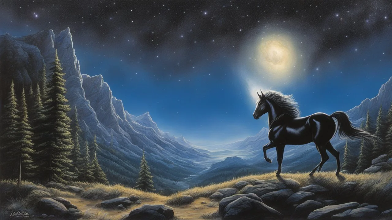 A stunning night sky seen from the bottom of a deep valley. a super nova. a black unicorn. Painted by Larry Elmore.