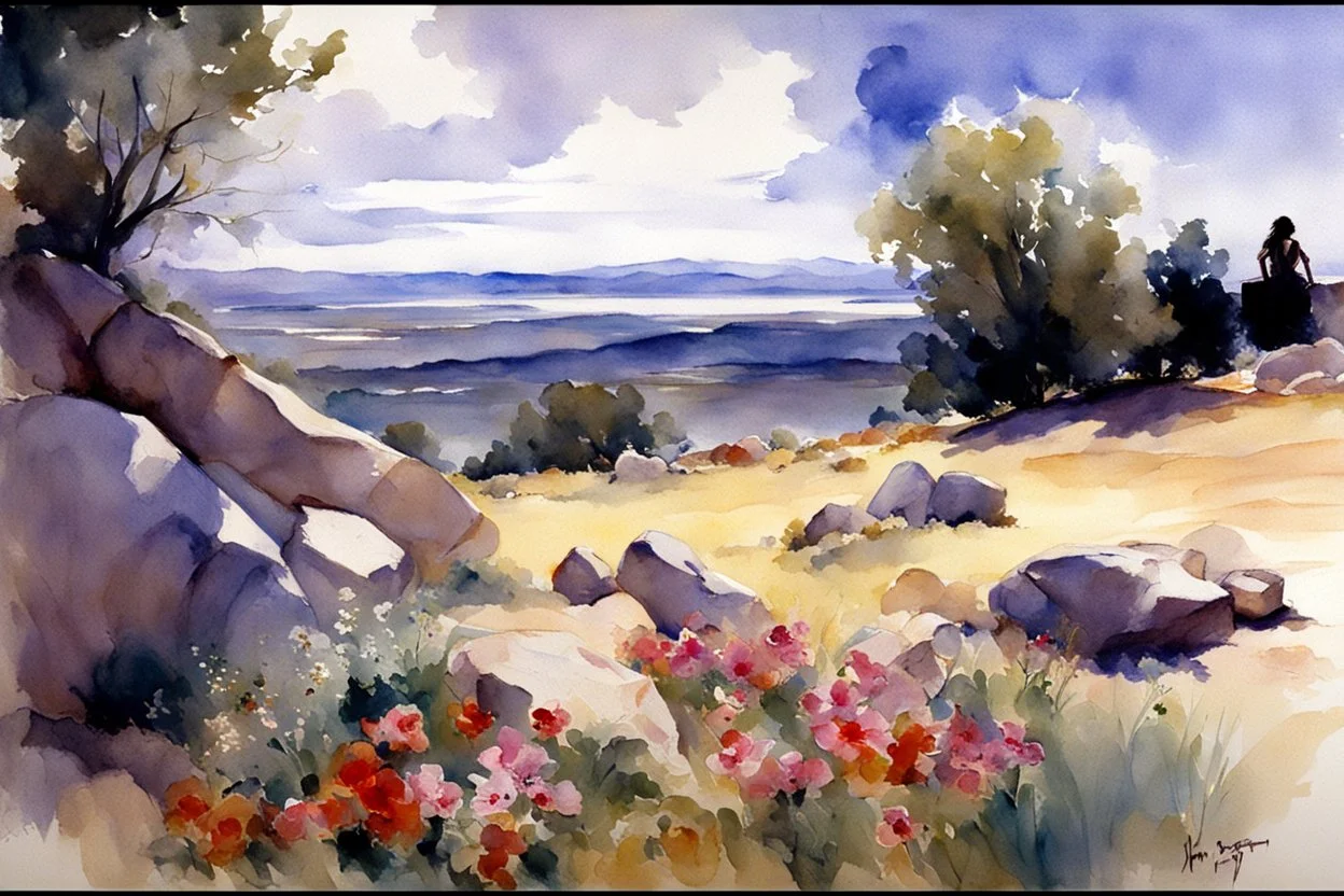 Sunny day, clouds, flowers, rocks, trees, distant mountains, spring, sci-fi, fantasy, john singer sargent watercolor paintings