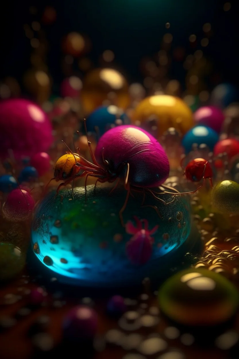 different hairy insects inside a pile of transparent jelly bubbles of weird colors, disco egg made of small mirror, light rayz, feast table ,shot on Hasselblad h6d-400c, zeiss prime lens, bokeh like f/0.8, tilt-shift lens 8k, high detail, smooth render, down-light, unreal engine, prize winning