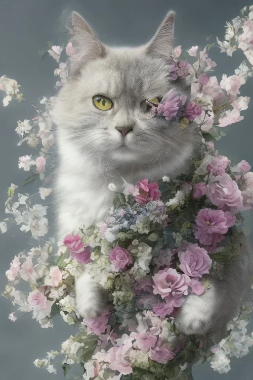 Victorian cat with white flowers, in the style of Camilla d'Errico, hyper detailed, beautiful, complex, trending on artstation, cinema4d, cryengine, national geographic photo, chiaroscuro