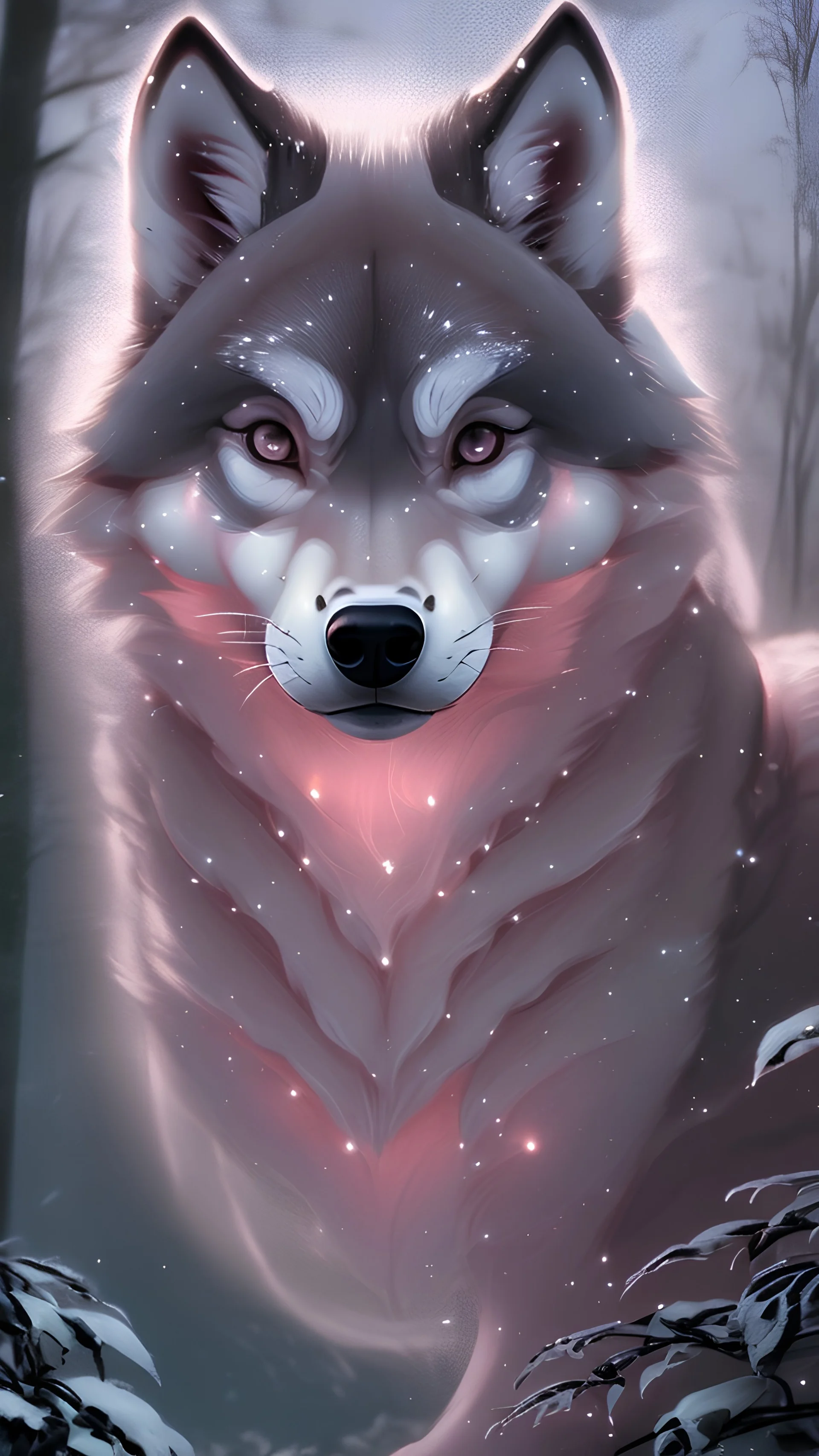 Kawaii, cute Wolf, bully, howling at the moon, horror lighting with red, yellow pink and blue colors, in the night forest, Caricature, Realism, Beautiful, Delicate Shades, Lights, Intricate, CGI, Botanical Art, Animal Art, Art Decoration, Realism, 4K , Detailed drawing, Depth of field, Digital painting, Computer graphics, Raw photo, HDR