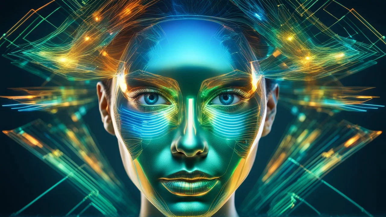 Holographic Virtual Reality Face Beauty, Double Exposure, Clear Lines, Blue, Green, Gold, Orange, 64K, High Definition,