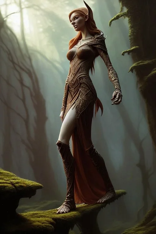 painting of a tall elven young woman with short light brune hair and freckles on the cheak bones and tall body of a topmodel light clothes, long shot, ultra realistic, concept art, intricate details, eerie, highly detailed, photorealistic, octane render, 8 k, unreal engine. art by artgerm and greg rutkowski and charlie bowater and magali villeneuve and alphonse mucha