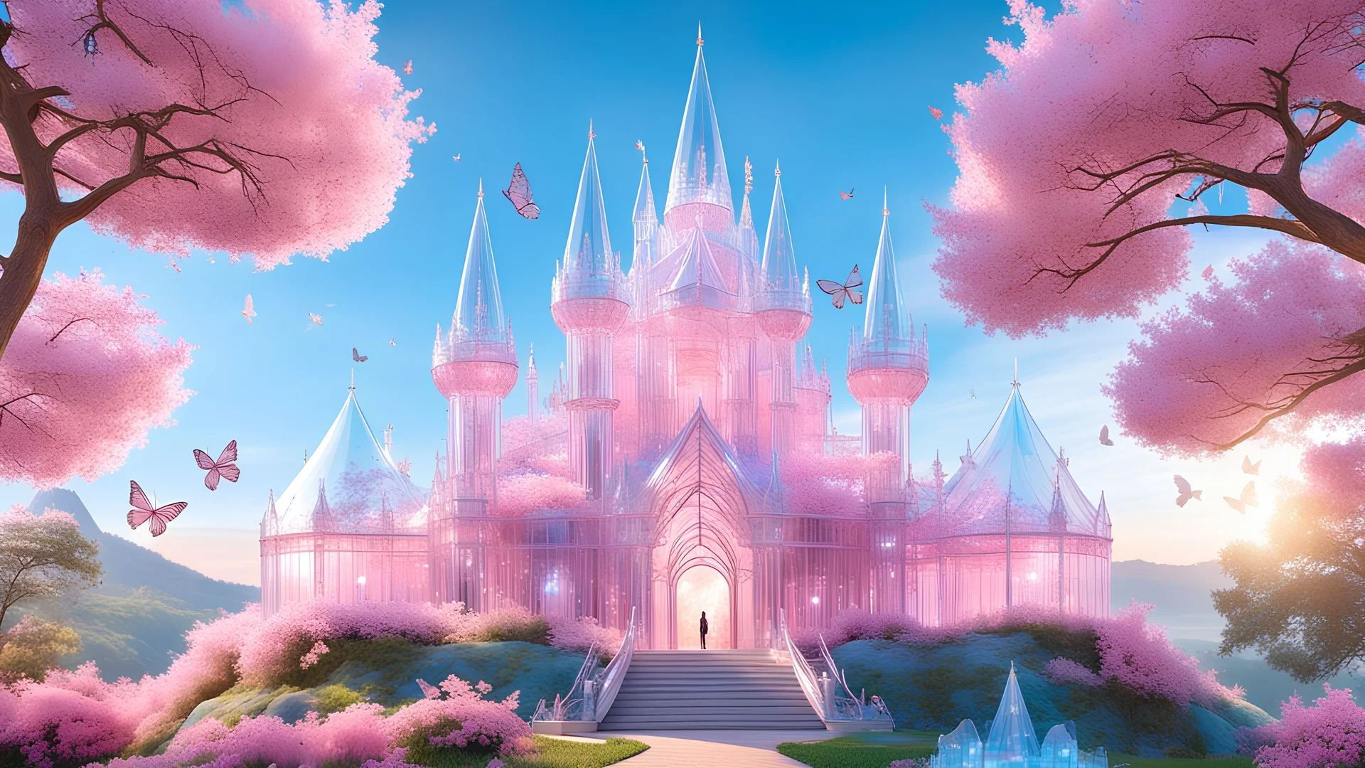 photo of one illuminated transparent crystal castle, translucent blue crystal palace at the top of a magical hill with trees in pink bloom, clear blue sky, white butterflies and birds in flight, soft pink light, sunrise in the background, 4K