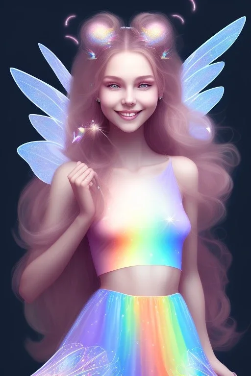 smiling girl, cute, beautiful, long hair, rainbows, fairy wings, light pastel colors, bright, transparent dress, smile