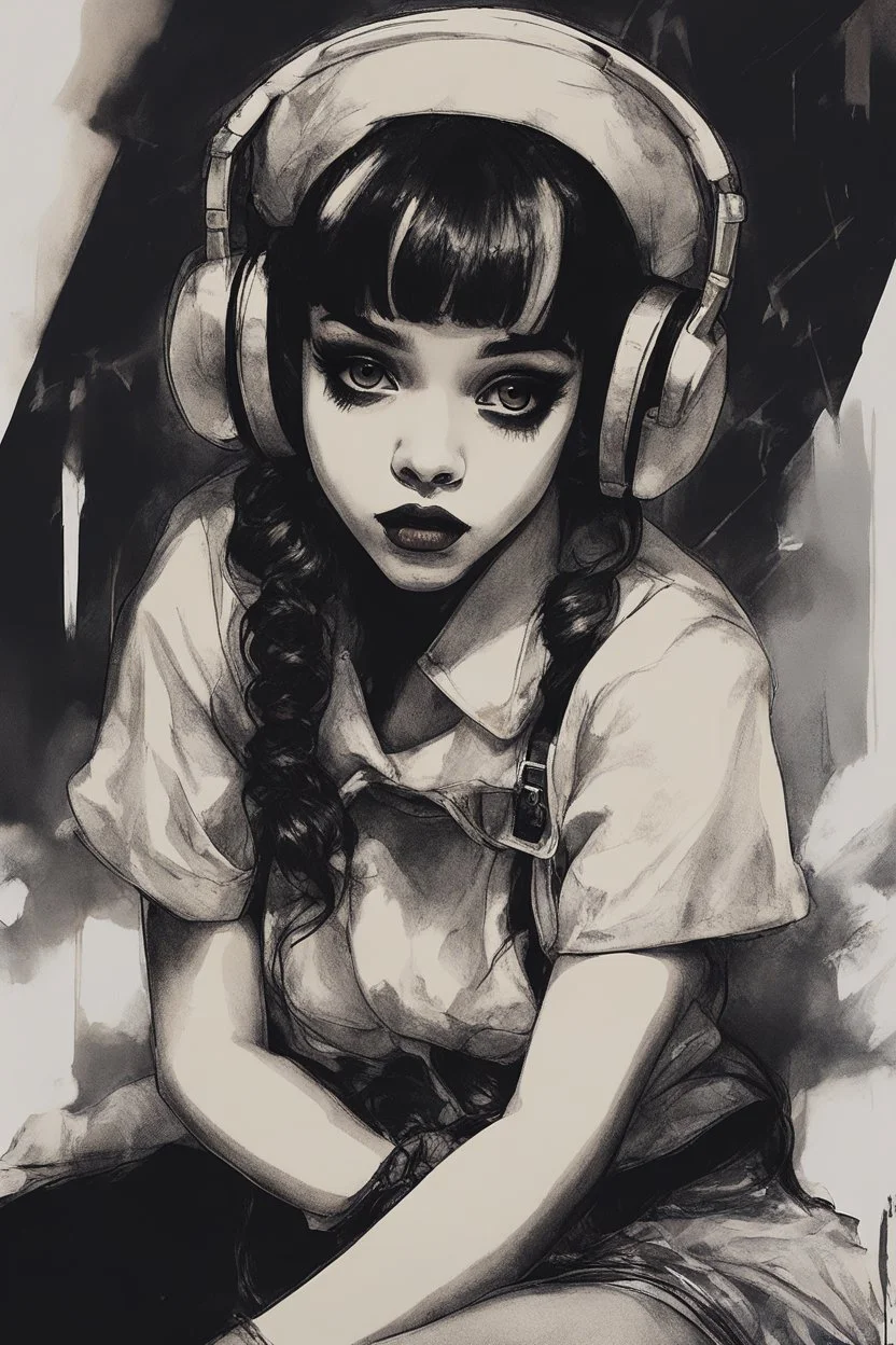 Poster in two gradually, a one side the Singer Melanie Martinez face, full body, sit pose, painting by Yoji Shinkawa, darkblue and sepia tones,sinister, detailed iridescent, metallic, translucent, dramatic lighting, hyper futuristic, digital art, shot with Sony Alpha a9 Il and Sony FE 200-600mm f/5.6-6.3 G OSS lens, natural light, hyper realistic photograph, ultra detailed -ar 3:2 -q 2 -s 750,malevolent goth vampire girl face and other side