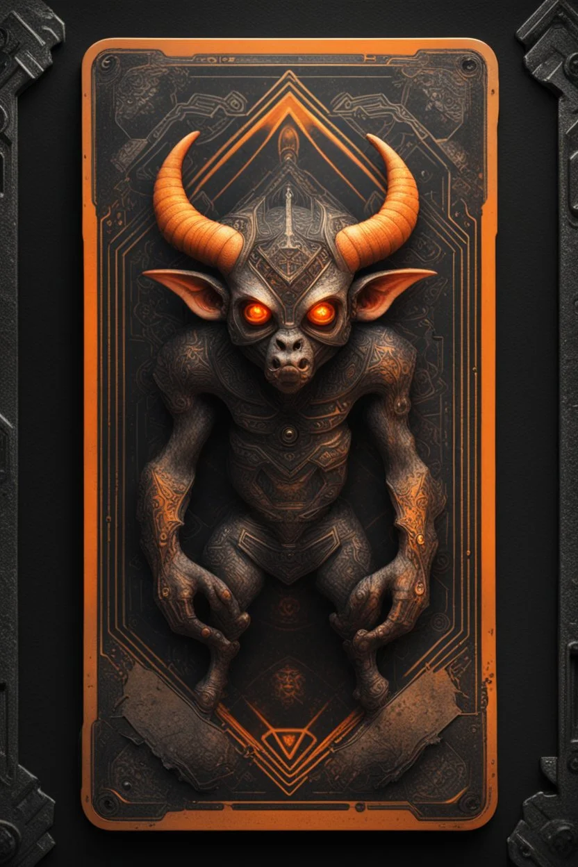 sacred geometry framed playing card, black and orange minotaur gremlin with shadows boss card in the style of Giger and fallout 4 ,,bokeh like f/0.8, tilt-shift lens 8k, high detail, smooth render, down-light, unreal engine