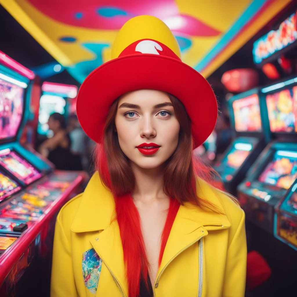 In a rebellious smile, the standing unclad young woman fearlessly delves into the crowded world of arcade gaming. Like a muse of the beatnik era, a vibrant red hat atop her head, a lollipop on her lips, she explodes a sense of rebellion in the middle of a glitched acid trip in yellow boots