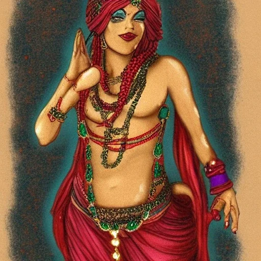 female genie with skin made of stone and covered in jewels, in the style of midjourney