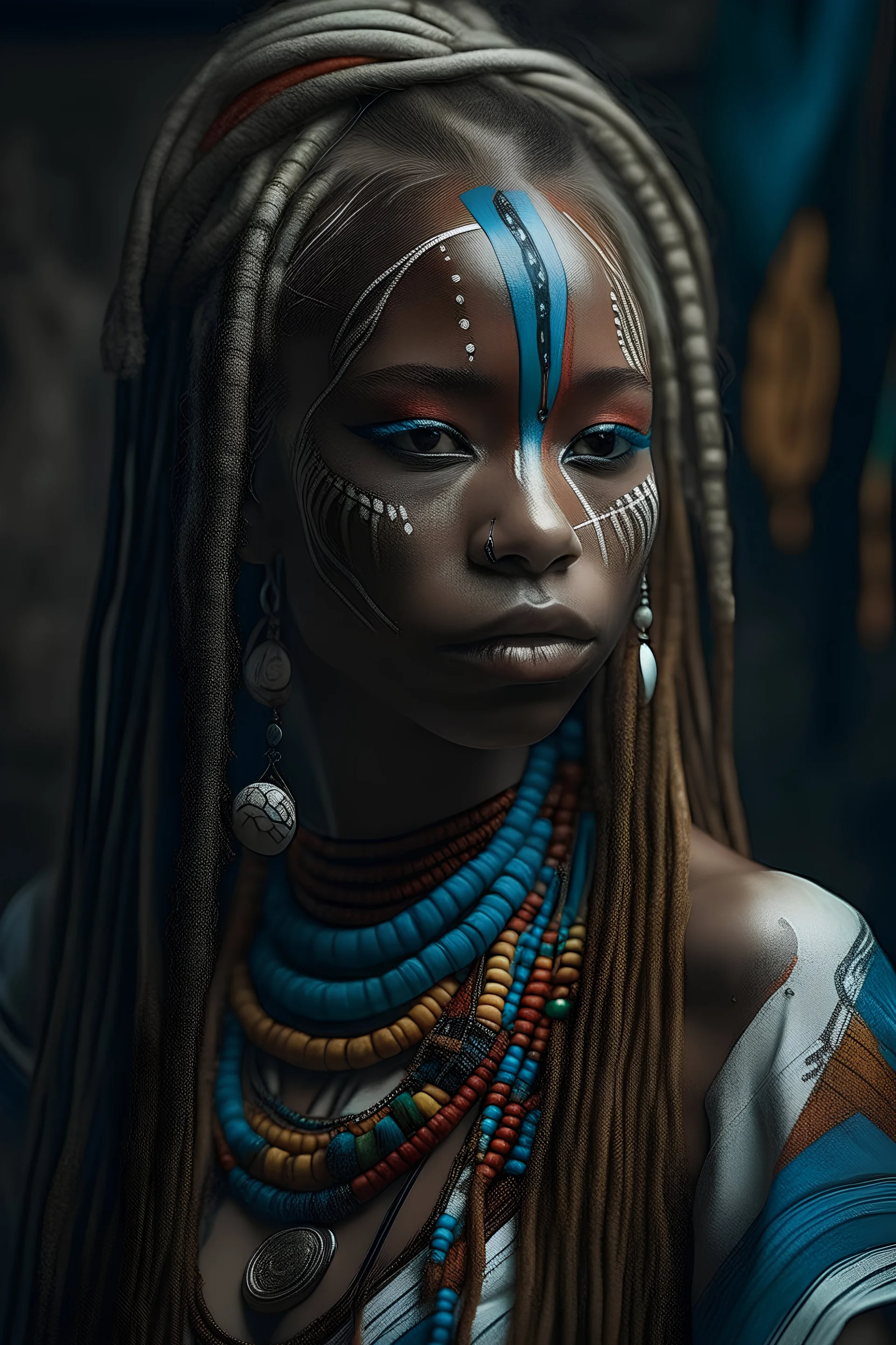 Porträt im Fantasy Stil von einer jungen, blinden Schamanin mit langen weißen Zöpfen und schwarzer Hautfarbe. Sie trägt ein buntes Kleid und hat Tätowierungen auf dem Gesicht.