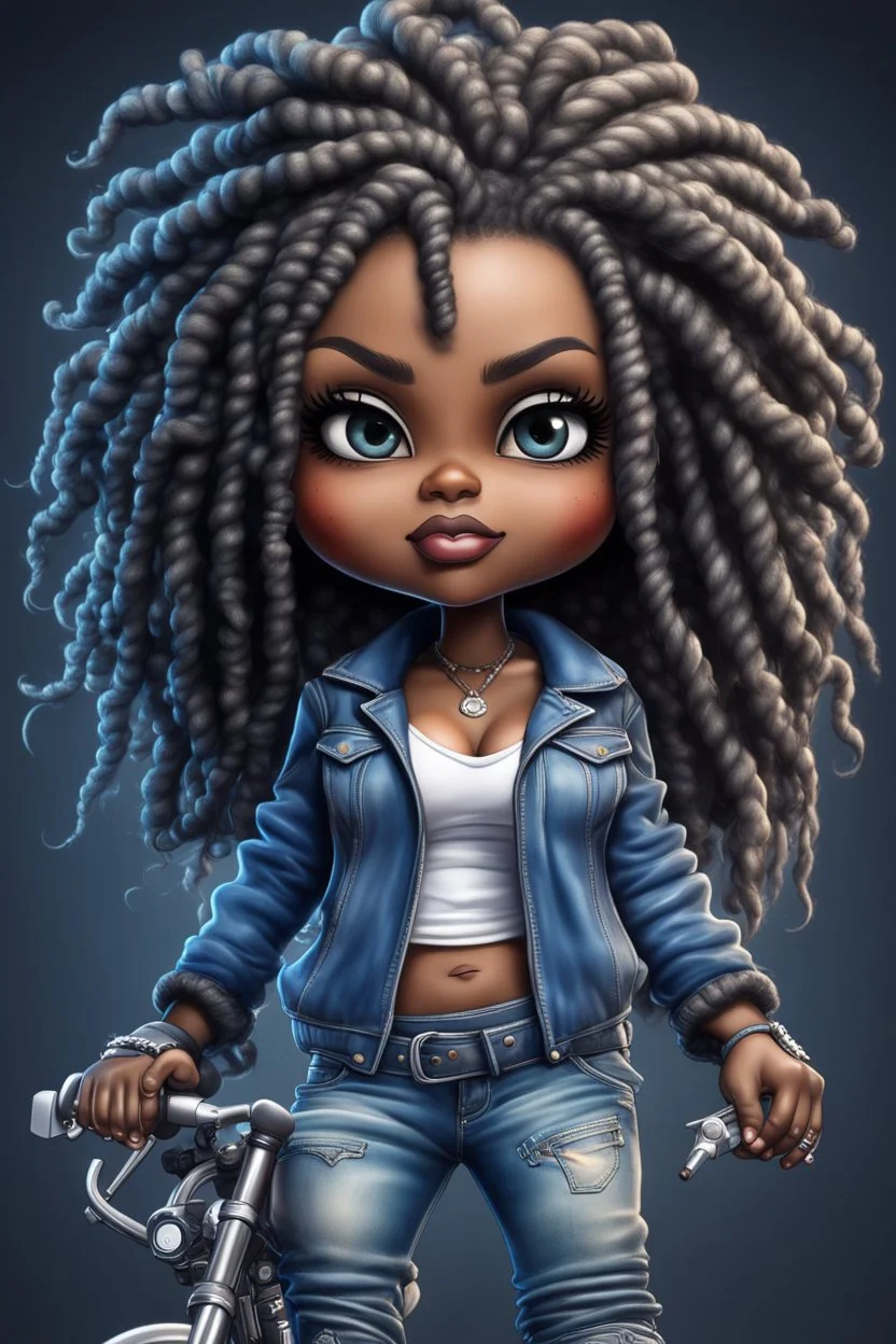 create an airbrush illustration of a chibi cartoon voluptuous black female wearing a blue jean outfit with biker boots. Prominent make up with hazel eyes. Extremely highly detail of a twisted dreadlocks. Background of a bike show.