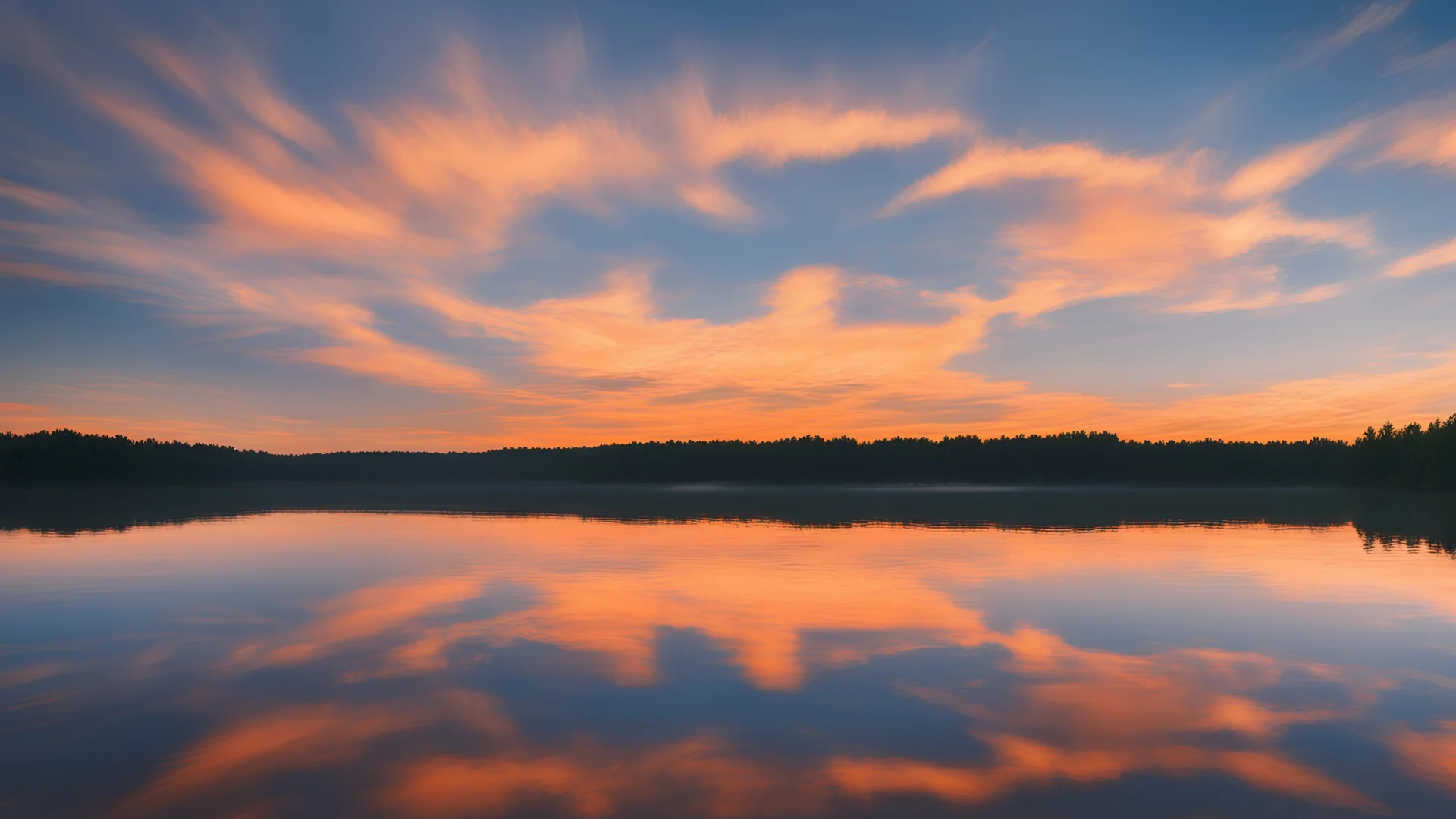 reflection of orange clouds in lake water