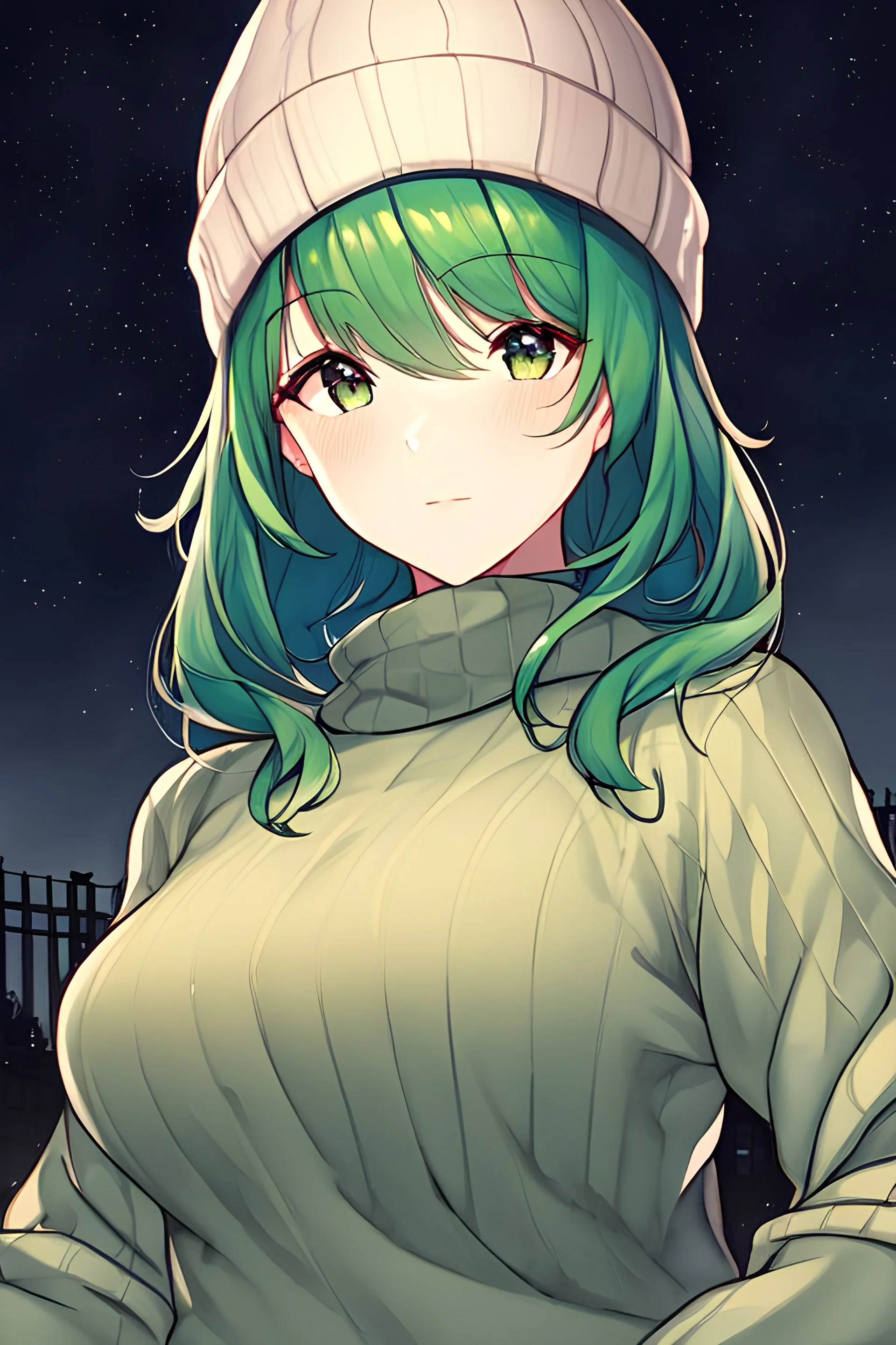 masterpiece, best quality, 1girl, green hair, sweater, looking at viewer, upper body, beanie, outdoors, watercolor, night, turtleneck