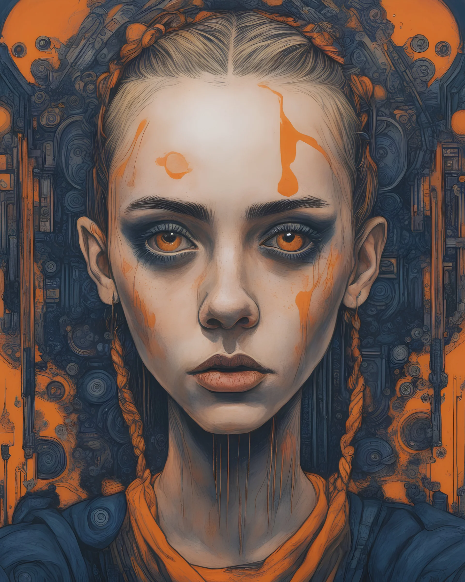 A portrait of a Singer Danish MØ face, cyberpunk, symmetry, hyperdetailed, painting by John Kenn Mortensen,darkblue and orange tones,