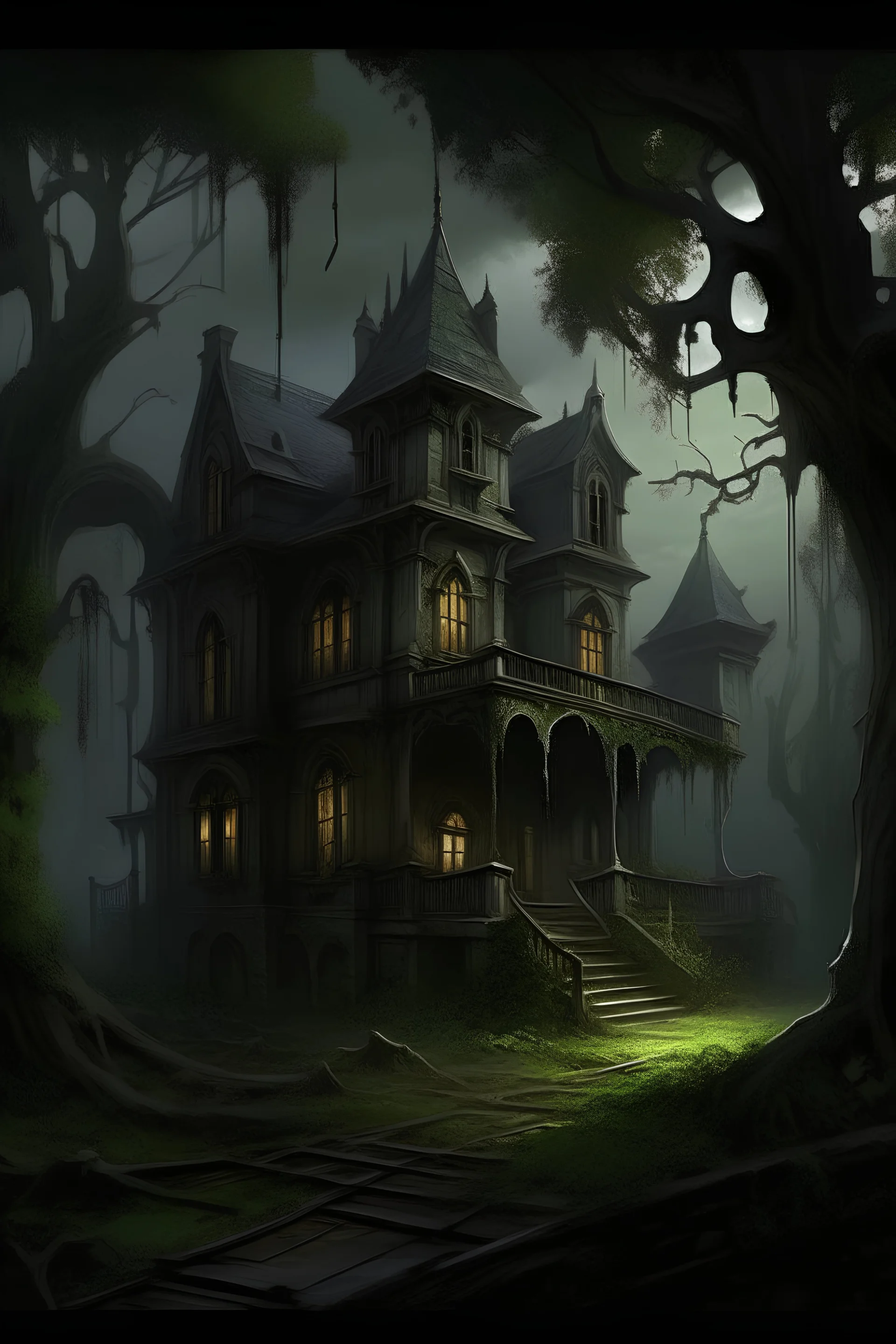 Prompt 2: [Haunted Manor] An old, decrepit manor stands tall amidst a dark and stormy night. Its windows are broken, and the ivy creeps up the walls. The moonlight casts an eerie glow on the abandoned structure. The wind howls through the trees, creating an ominous atmosphere. Ghostly figures are seen floating in the distance, adding to the haunted ambiance. The scene is filled with mystery, suspense, and a sense of foreboding.