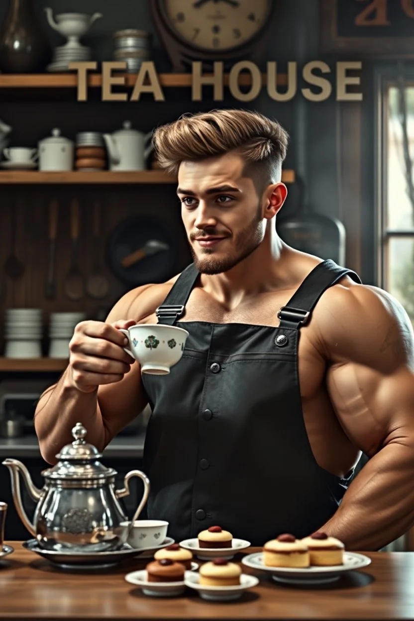 a young mechanic man with huge muscles and his top off enjoying high tea by himshelf with little cakes, with large title( greased n i p s member TEA HOUSE)