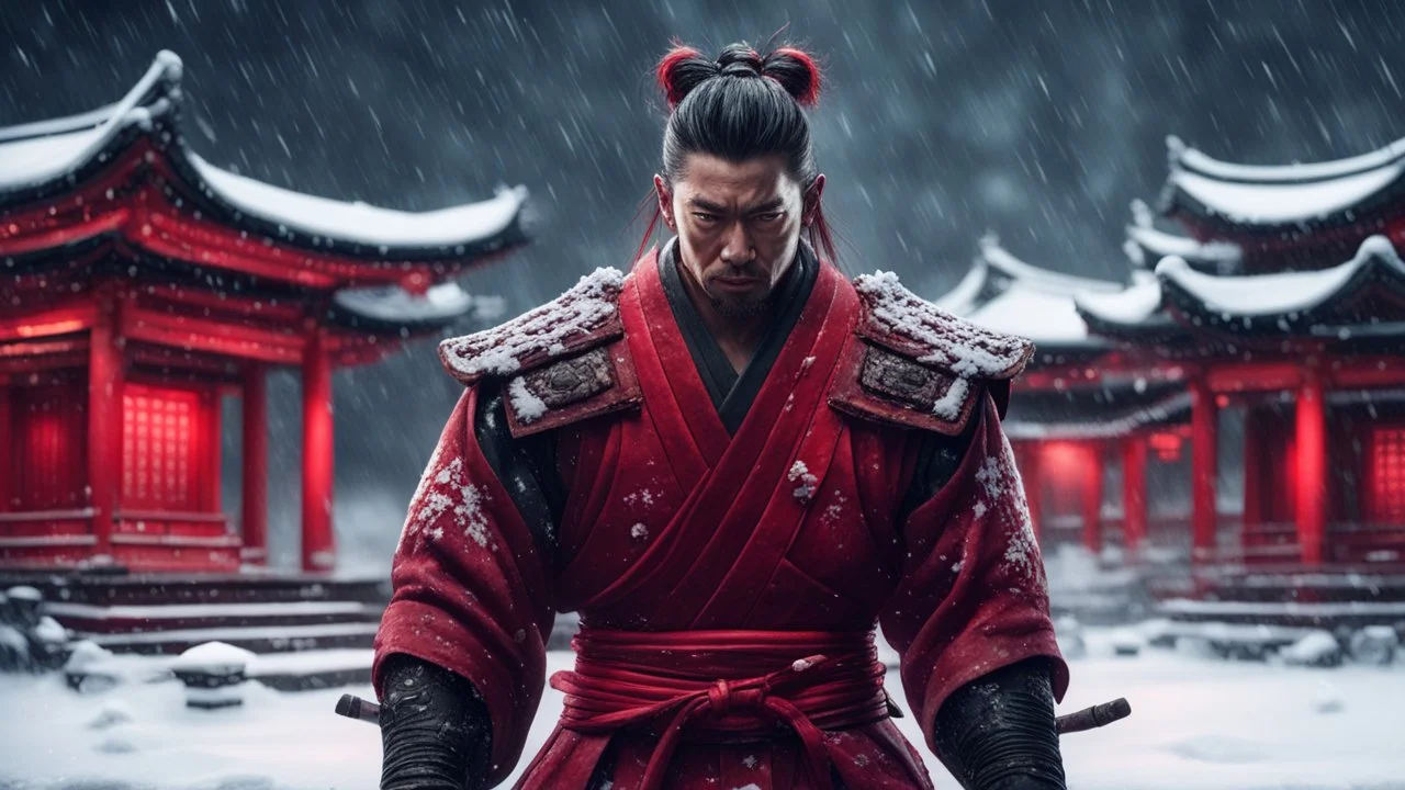 Hyper Realistic handsome-muscular-samurai training outside a Dark-Abandoned-Red-Colored-detailed-crafted-Chinese-Temple Almost Covered in Snow at dark-snowfall-night