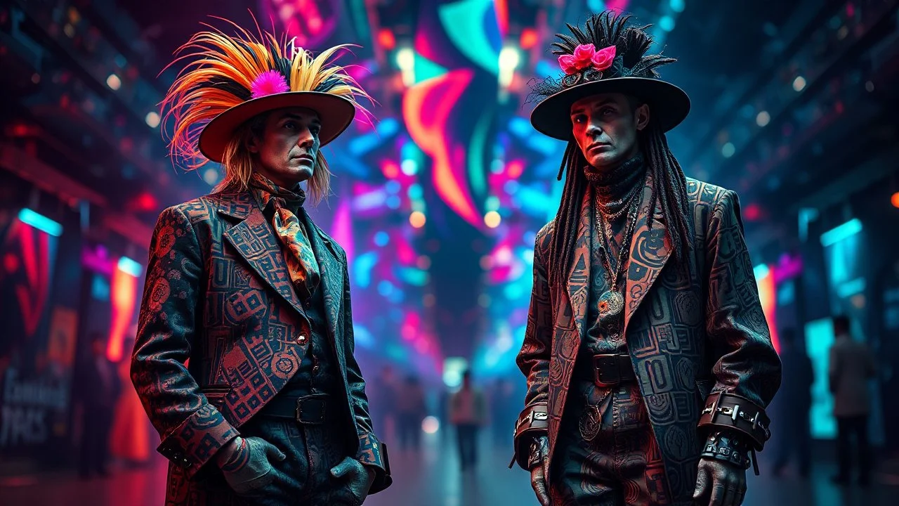 Nikon D850 with AF-S NIKKOR 24-70mm f/2.8E ED VR lens at f/5.6: [Two innovative friendly individuals wearing strange, suave, wild, beautiful fashionable clothing] in a [parallel universe], showcasing [full-height figures from head to foot with intricate details], [vibrant colors and deep shadows], creating [a surreal and captivating atmosphere with precise textures and anatomy]. focus peaking enabled, Nikon Picture Control with enhanced color grading.