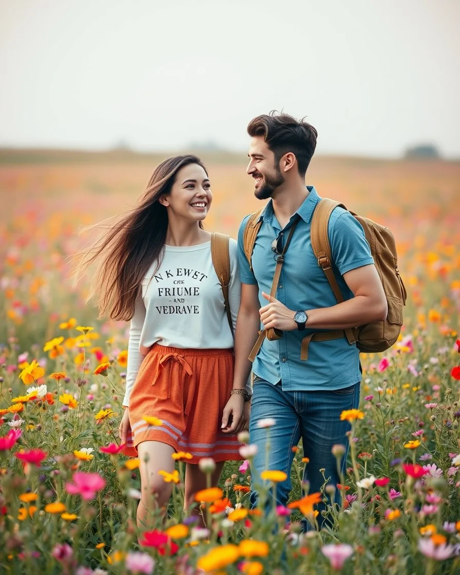 young sweet couple bagpacker adventurer fashion style happy walking and smiling in Realistic photography of a field of wildflowers, soft natural lighting, vibrant colors, intricate details,peaceful and serene atmosphere.