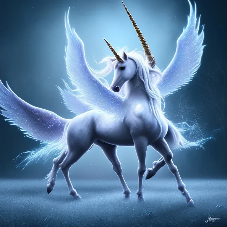 surreal illustration of a unicorn on frozen ground, realistic, surrealism, surreal unicorn with glowing wings, glowing soft and smooth wings, shadow, abstract surreal fantasy art, highly detailed, intricate patterns on wings, soft studio lighting, smooth dark blue background 64k