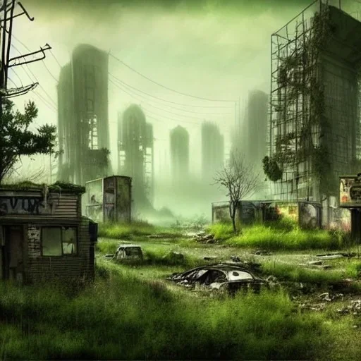 Postapocalyptic town, overgrown, hyperrealistic