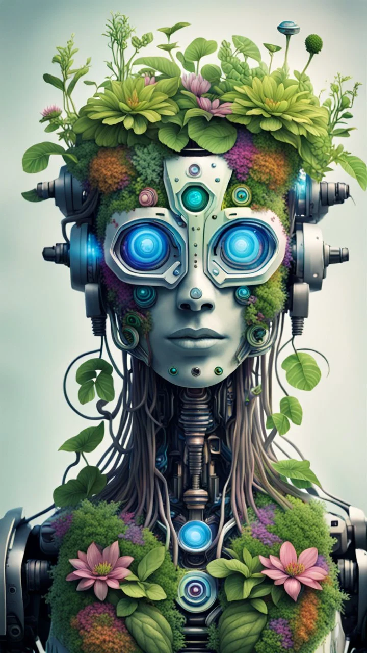 a portrait of a vegan hippie cybernetic robot made of living plants in all colors, and having a sentient look in its eyes, like a buddha