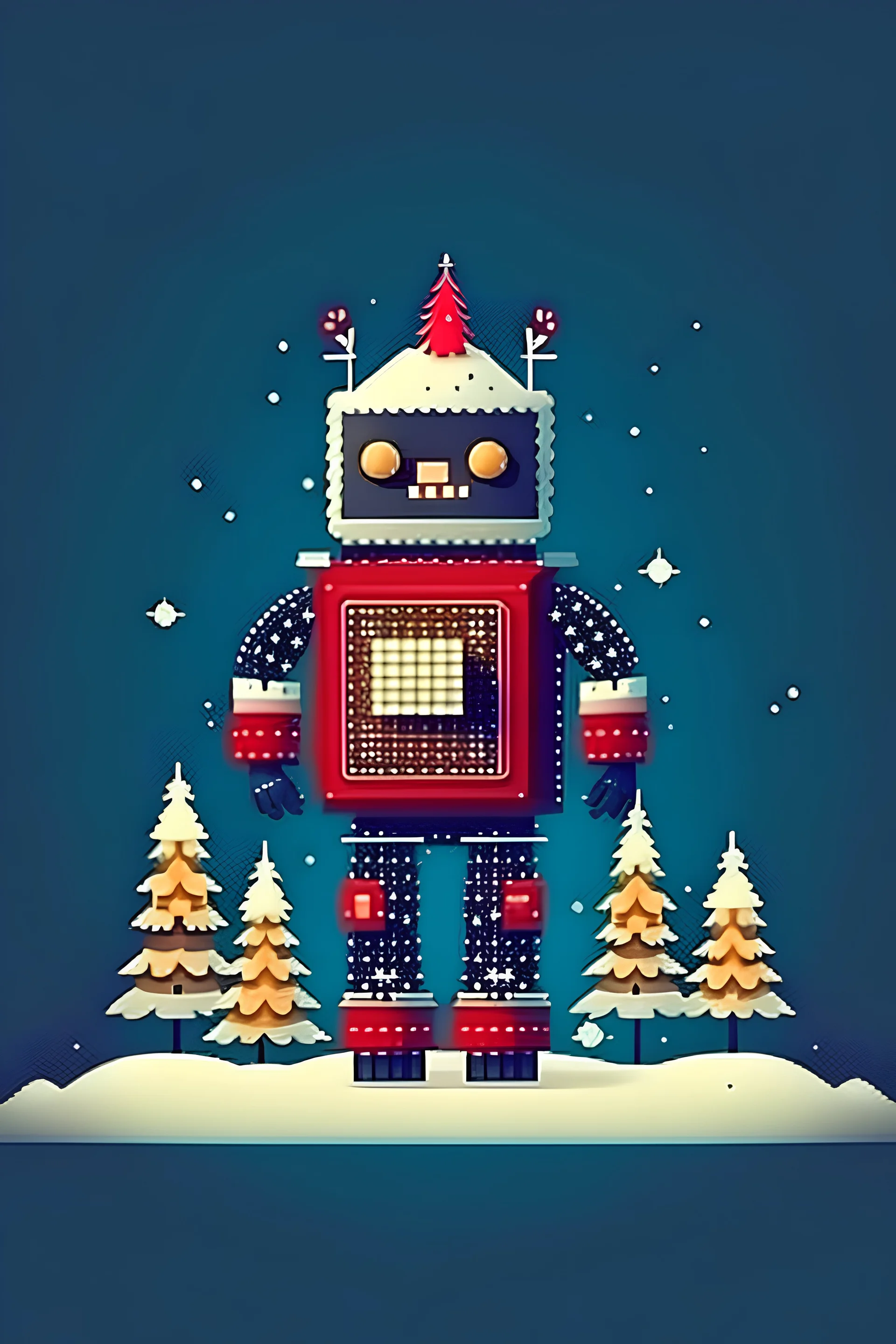 christmas robot in sweater with christmas atmosphere pine trees bitcoin
