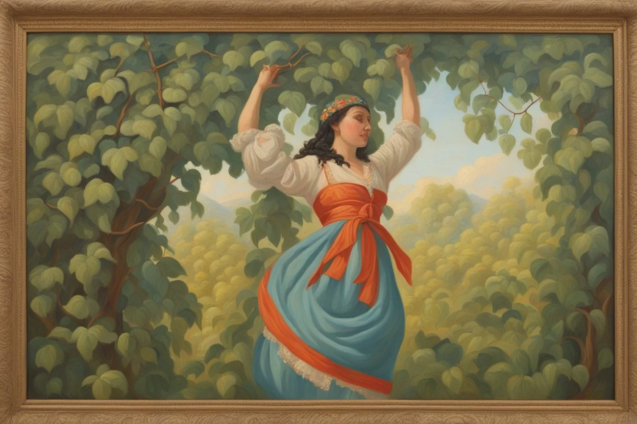 a lush jungle, a woman dressed in embroidered folk costume with a beaded bonnet on her head holding on to a vine with one hand while swinging across and reaching for the next vine with the other, dynamic movement, sunshine, oil on canvas