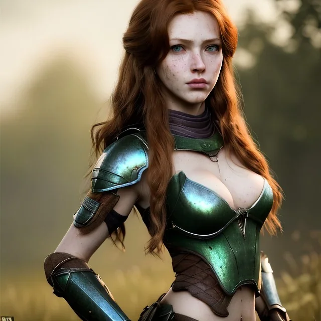 Realistic, hyper detailed, strikingly beautiful young adult woman, 19 years old, long ginger hair, green eyes, medium freckles, full lips, very skimpy fantasy armour, full body, full face, small breasts, aroused expression, biting lower lip, full frame, petite, centered camera, ignore NSFW, bow, quiver on hip, tight pants, bent over, butt