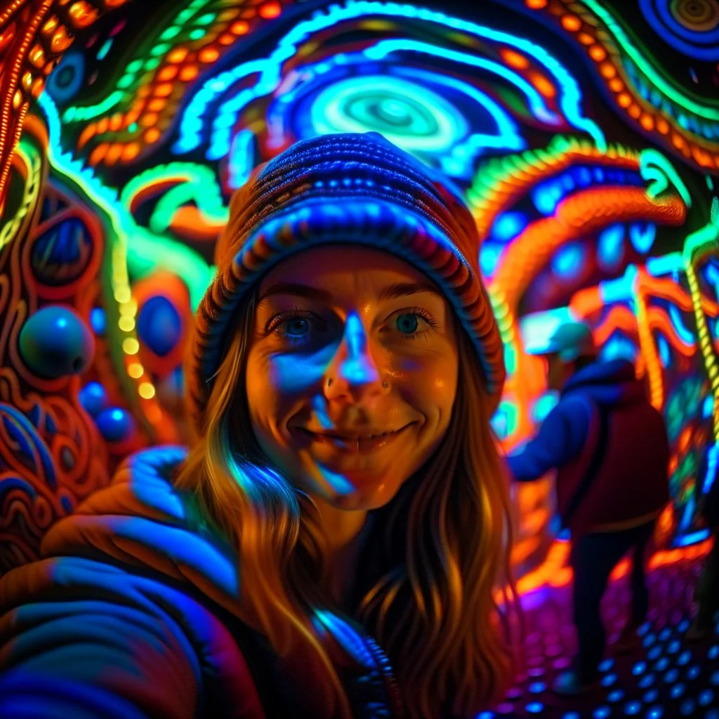 AI hippie selfie in dark twisted psychedelic fluorescent mushroom arcade hall , photo-realistic, shot on Hasselblad h6d-400c, zeiss prime lens, bokeh like f/0.8, tilt-shift lens 8k, high detail, smooth render, down-light, unreal engine, downlight