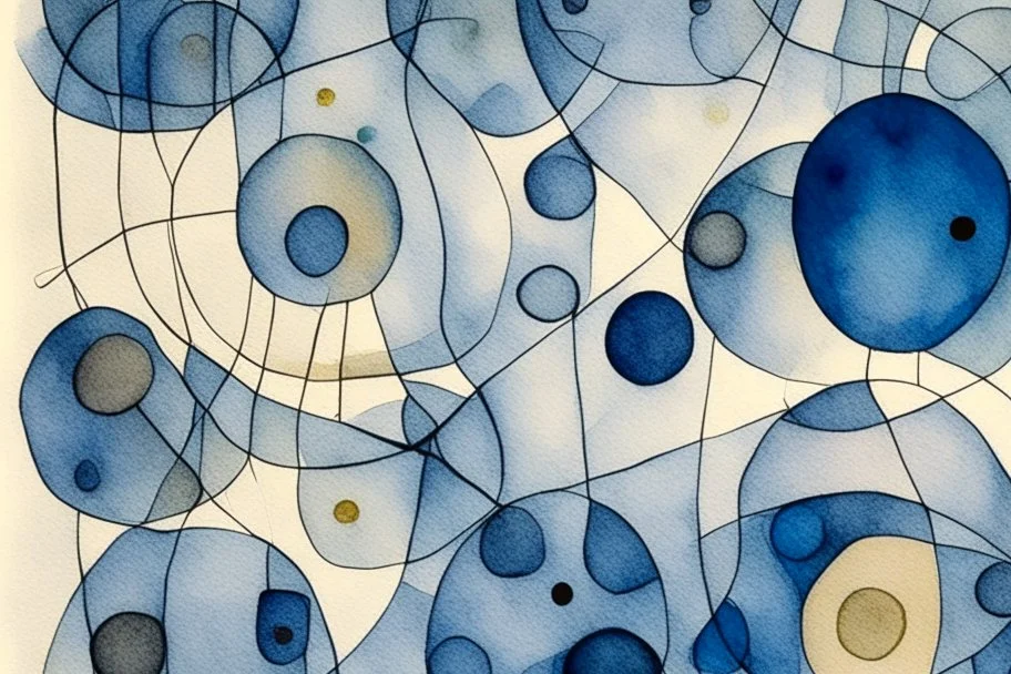 abstract watercolour , ink transfer lines, bifurcated circles, Paul Klee ,grey and blues