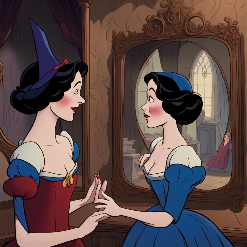 Snow White's stepmother stands in front of the mirror and asks a mirror, a mirror on the wall, who is the most beautiful of them all? From the mirror she sees a picture of an ugly and disgusting witch