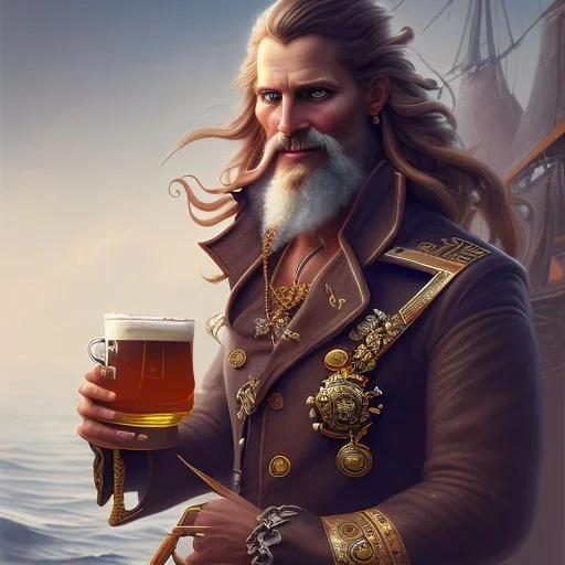 digital illustration pirate short black curly hair round face pirate clothes holding mug beer Captain Citra background pirate ship sailing ocean various citrus fruits scattered muted colors detailed fantasy art techniques eye-catching composition dynamic posing style Franz Xavier Leyendecker Craig Mullins beer Captain Citra focus image highlighting citrus flavor.