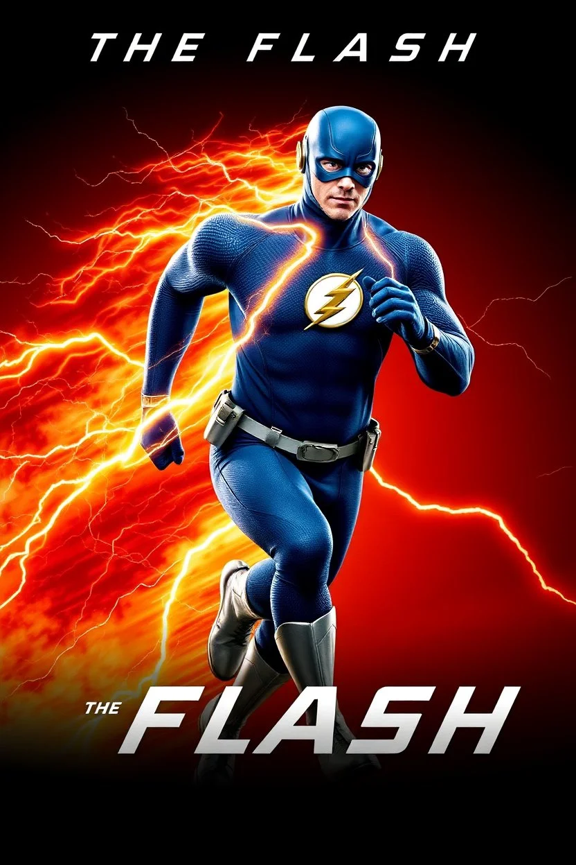 1/4 side view, looking at the viewer, Movie Poster - "THE FLASH" - A massive, thick, extremely muscular, 7'8" tall man, ((skintight, formfitting, textured, long-sleeved, Blue spandex bodysuit:1.5)), ((Silver knee-high boots:1.5)), ((Silver wrist gauntlets, blue fingerless gloves, silver, double holstered utility belt:1.5)), ((skintight, formfitting, textured, blue spandex helmet with blue eye disguise,:1.5)), Running, multicolored lightning emanating from his body,