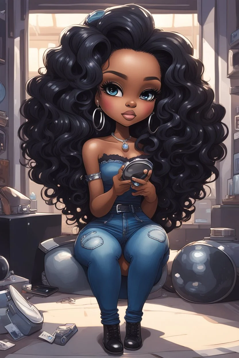 Create a futurism magna art of a black chibi curvy female sitting on the floor looking at herself in a hand mirror. She is wearing tight blue jeans and a black off the shoulder blouse. Prominent make up with lush lashes. Highly detailed long wavy hair. She is also wearing silver large hoop earringsart of a black chibi curvy female sitting on the floor looking at her cell phone. She is wearing tight blue jeans and a black off the shoulder blouse. Prominent make up with lush lashes.