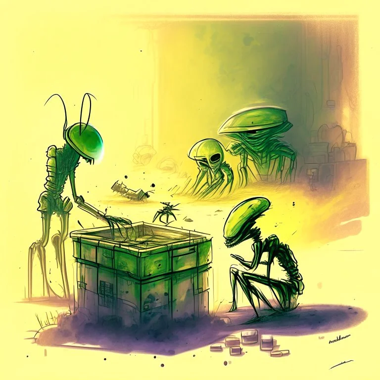 crate an Alien environemt with some aliens doing daily task work, watercolour painting