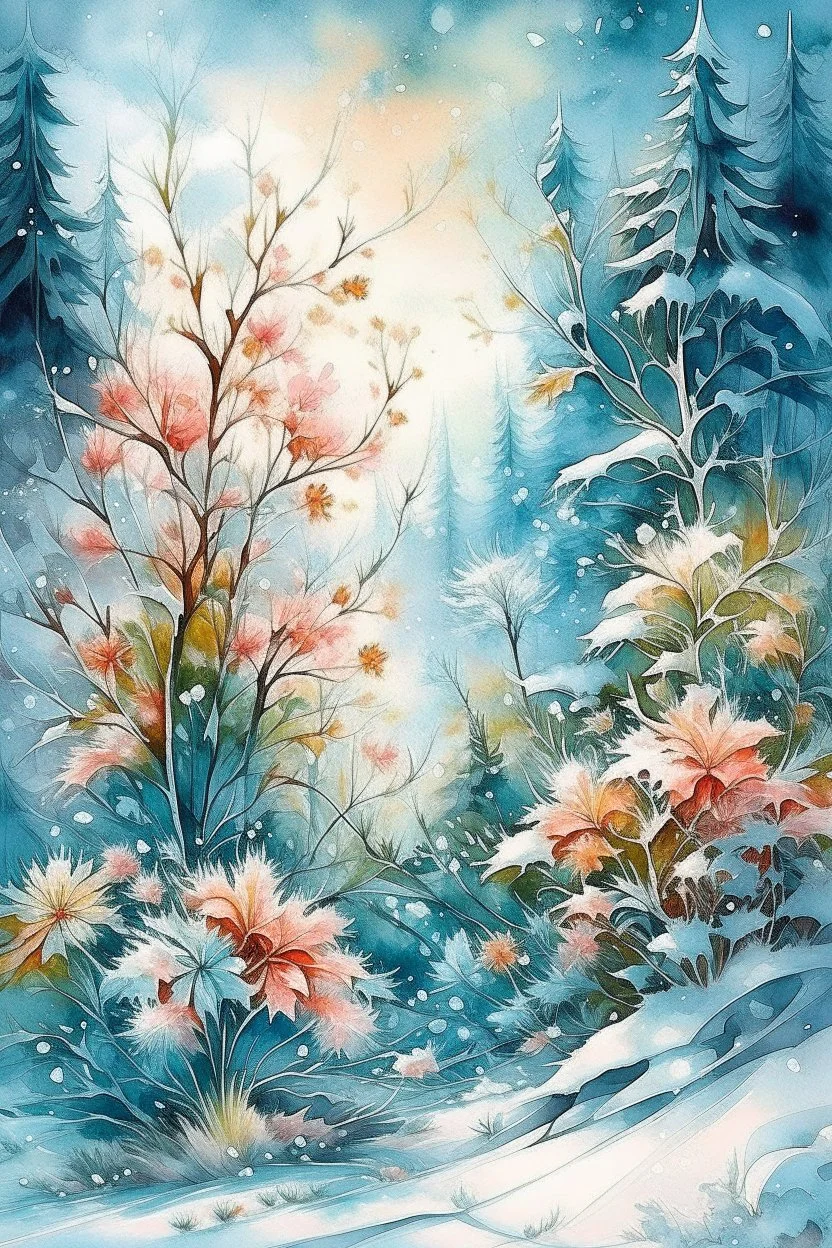 magic Wet watercolor, beautiful flowers, fir trees, fine drawing, beautiful snow-white landscape, pixel graphics, delicate sensuality, realistic, high quality, work of art, hyperdetalization, professionally, filigree, hazy haze, hyperrealism, professionally, transparently, delicate pastel tones, back illumination, contrast, fantastic, nature, space, Milky the way is fabulous, unreal, translucent, glowing,clear lines