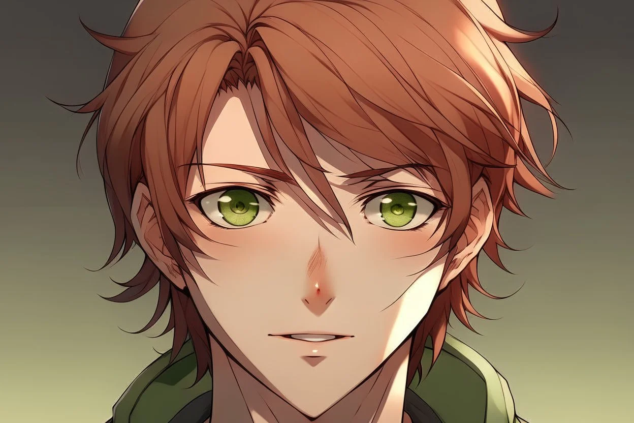 Young man with messy auburn hair and green eyes anime