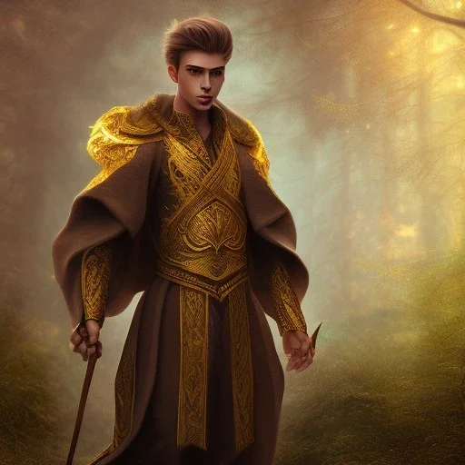 Male, Human, Blond, Sorcerer, Fire Mage, Golden Eyes, Young, Photorealism, Full Body Shot, Forest Background