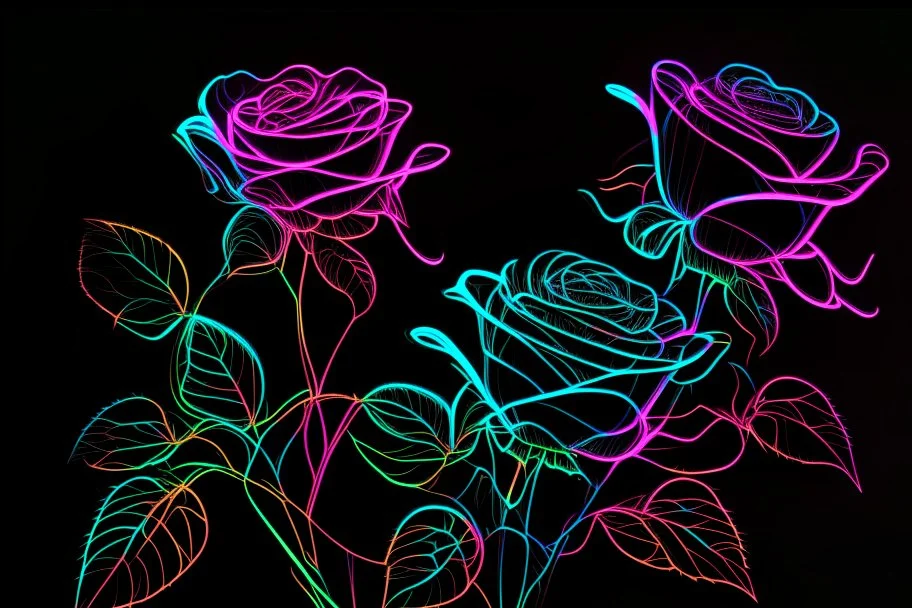 black background, outlines of a holographic roses drawn from thin neon-coloured glowing lines