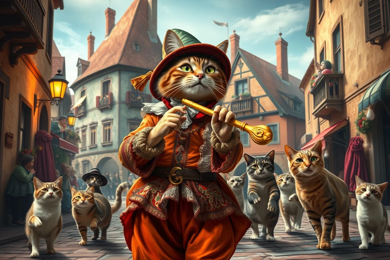 create "The Cat Pied Piper of Hamelin, whimsical and colorful Renaissance attire, playing a golden flute, leading playful and mischievous cats through vibrant, cobbled Renaissance streets, people on balconies laughing and pointing, surreal lighting, dreamlike vibe, highly detailed, vivid colors, painterly style, 8K, magical realism meets historical fiction --v 7 --ar 4:3 --style raw --q 2"